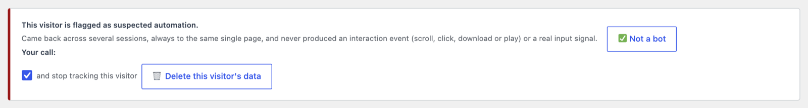 GreenOrb Statistics flagged visitor panel with the reason for the flag and the Not a bot and Delete this visitor's data buttons
