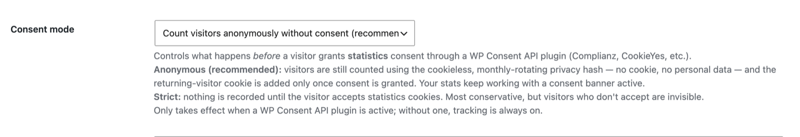 GreenOrb Statistics Consent mode setting with the Anonymous and Strict options explained