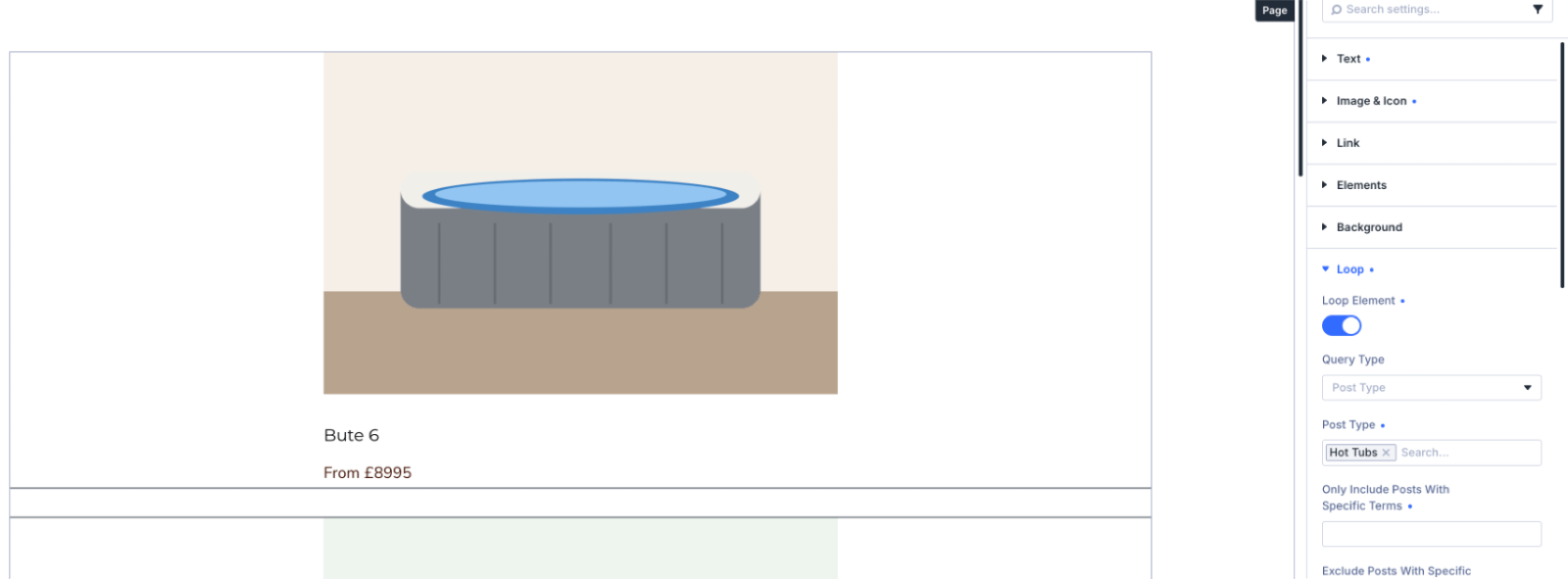 The Divi 5 Visual Builder with a Blurb showing the Bute 6 hot tub, and the Loop settings with Loop Element on and Post Type set to Hot Tubs.