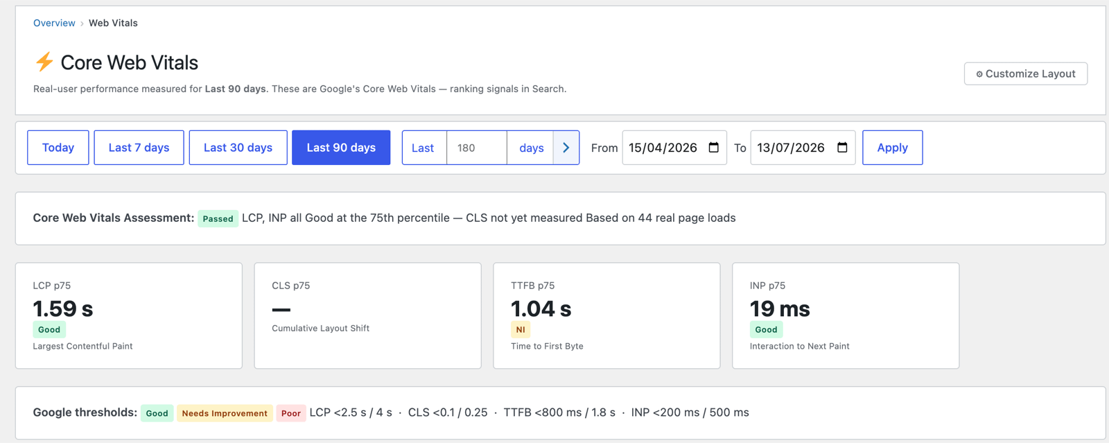 The Core Web Vitals screen — assessment verdict and metric cards