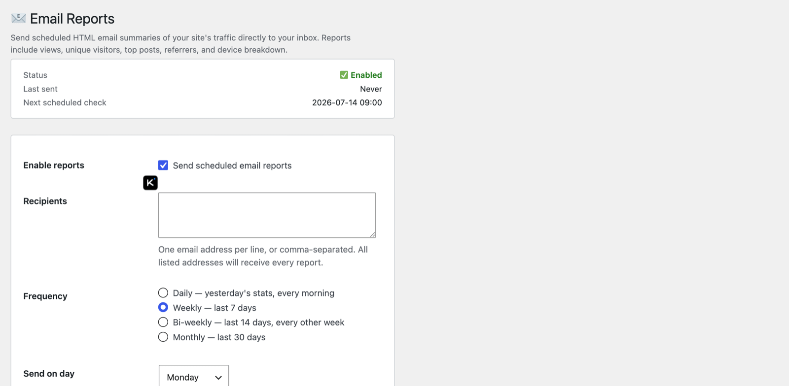 The Email Reports screen